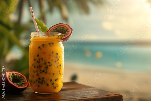 Tropical Passion Fruit Juice in Mason Jar by a Sunlit Beachside Window photo