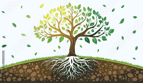 stylized tree with deep roots and expansive branches symbolizing connection and growth