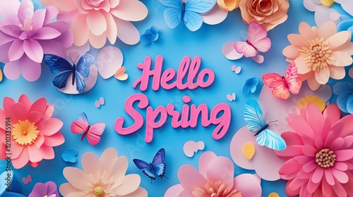 Creative spring greeting design with bold "Hello Spring" typography, colorful flowers, and soft butterfly elements.