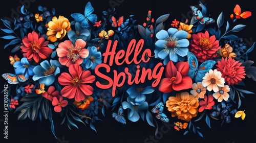 Creative spring greeting design with bold "Hello Spring" typography, colorful flowers, and soft butterfly elements.