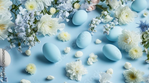 Easter eggs scattered on a pastel blue surface with fresh flowers, creating a joyful and minimalist holiday scene.