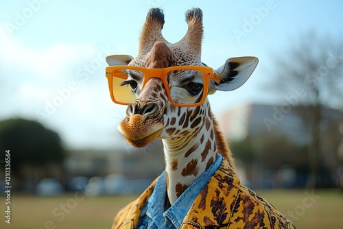Close-up of a giraffe wearing stylish orange sunglasses and designer clothes, showcasing a quirky and fashionable concept