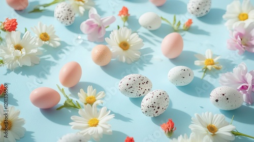 Easter eggs scattered on a pastel blue surface with fresh flowers, creating a joyful and minimalist holiday scene.