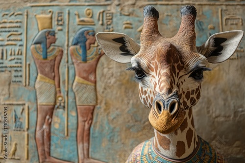 Close-up of a giraffe statue wearing egyptian ornaments, posing majestically in front of a wall adorned with ancient hieroglyphics photo