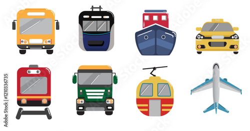 A set of transportation icons including car, truck, bus, train, airplane, ship, van, and taxi for travel and delivery design