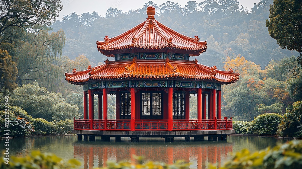 Serene Chinese Pavilion on Autumn Lake