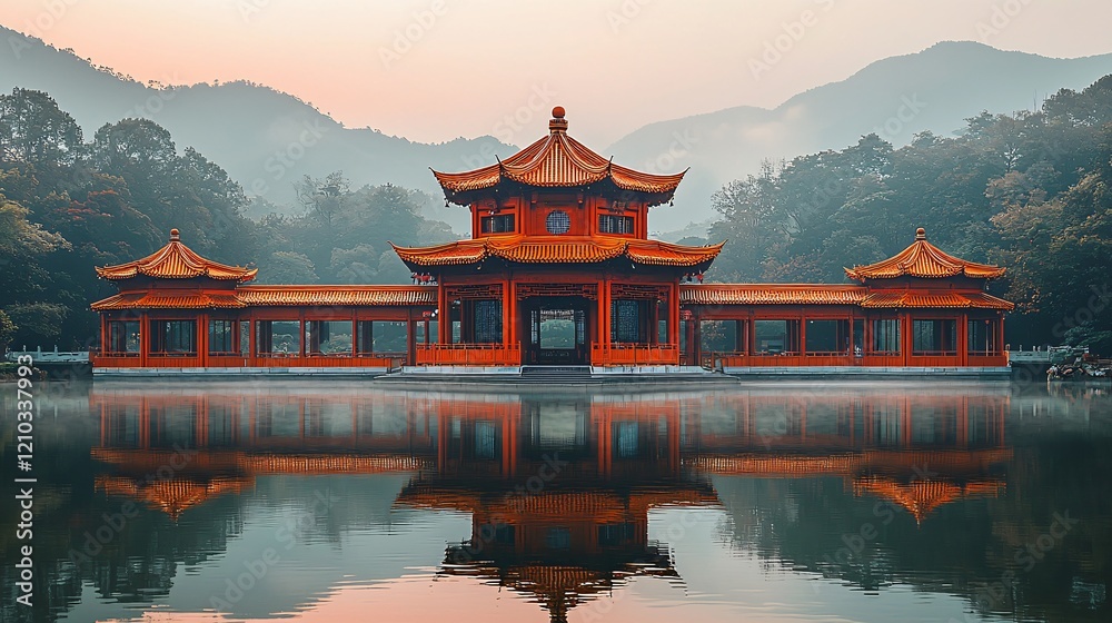 Obraz premium Serene Chinese Pavilion Lake Reflection Sunrise