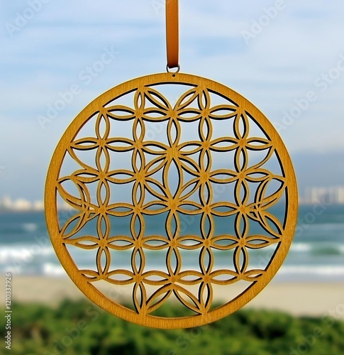 Sacred Geometry in Nature - Atlantic ocean sunset, &Flower of life pattern , isolated on white background,  , copy space for text, photo