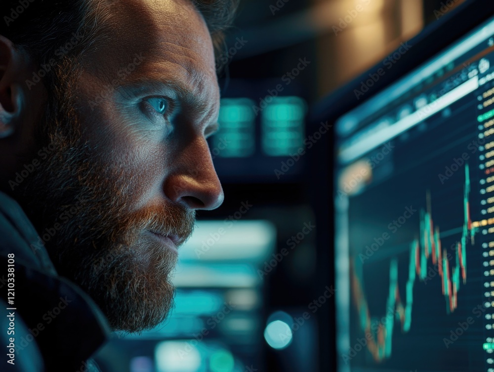 Intense Trader Focused on Computer Screen Intense Trader Focused on Computer Screen