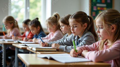 A serene classroom scene with young girls diligently studying and writing notes in their books.