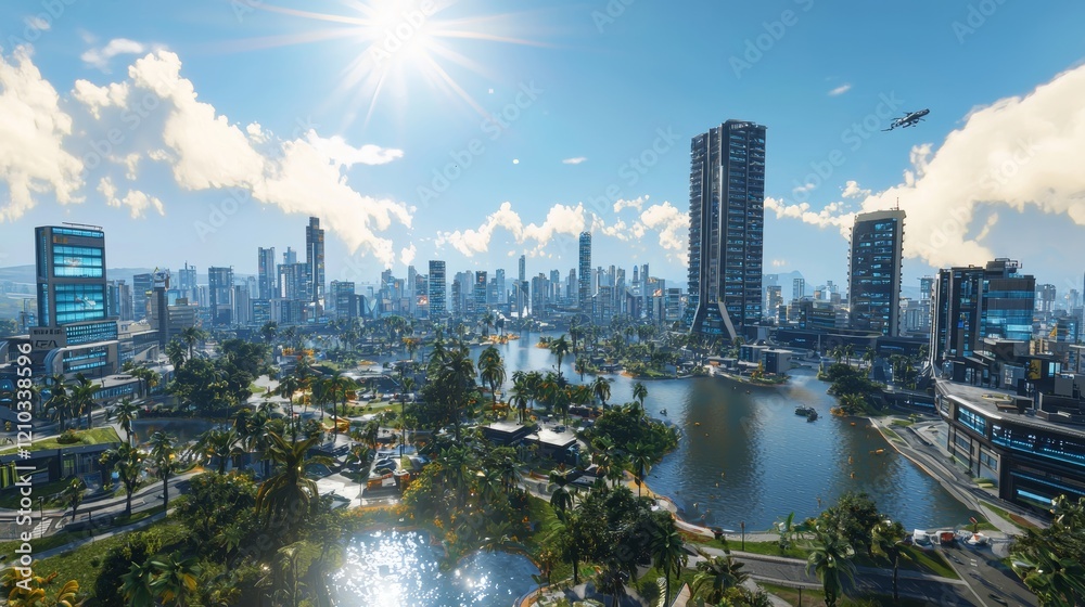 Obraz premium realistic city in 2054, modern tall buildings, clear weather, midday, high detail, camera bird's eye view, sun rays, lens flare, ray tracing, high detail clouds, more realistic, a little bit of cyberp