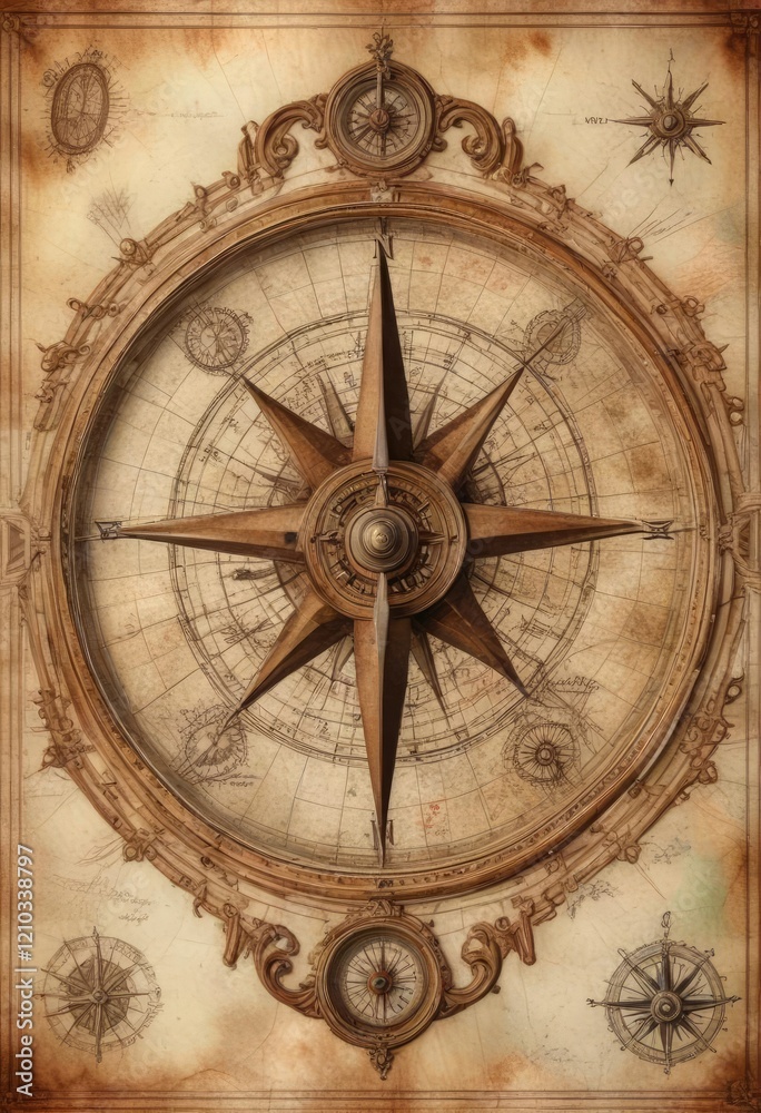 Antique nautical map with compass rose and decorative border, aged, map Antique nautical map with compass rose and decorative border, aged, map