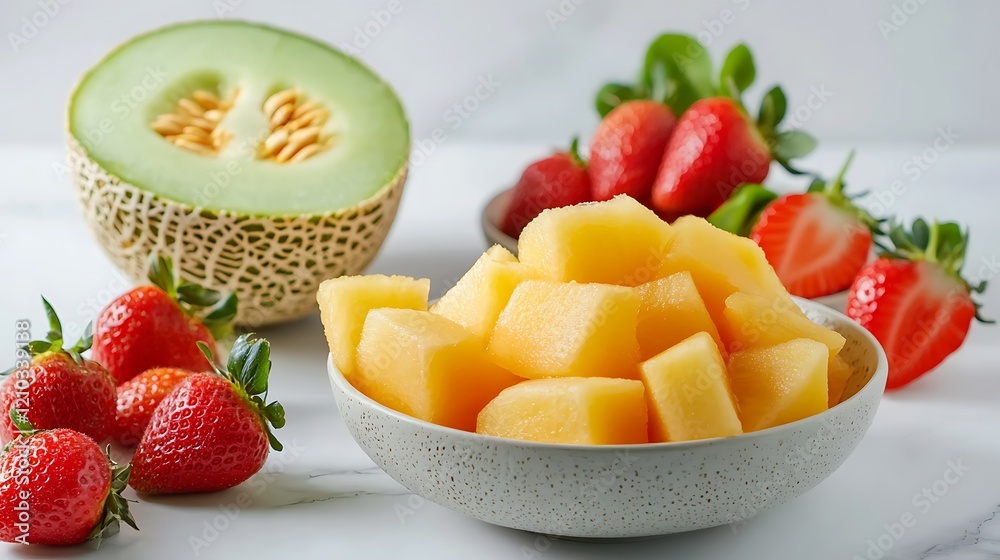 Healthy buffet with fresh cantaloup honeydew melon pineapple and strawberries Healthy buffet with fresh cantaloup honeydew melon pineapple and strawberries