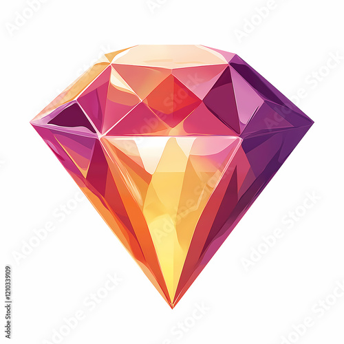 Geometric diamond, vibrant colors, faceted gem, low poly art style, abstract design, pink and orange hues, sharp edges, crystalline structure, isolated on white background