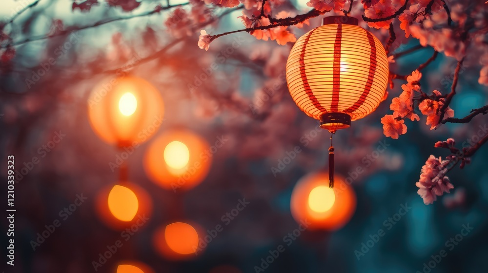 Obraz premium Glowing Lanterns and Cherry Blossoms at Dusk