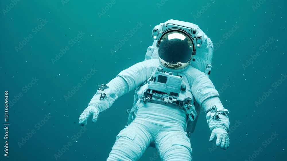 Astronaut Floating in Deep Blue Water Surrounded by Tiny Bubbles Astronaut Floating in Deep Blue Water Surrounded by Tiny Bubbles