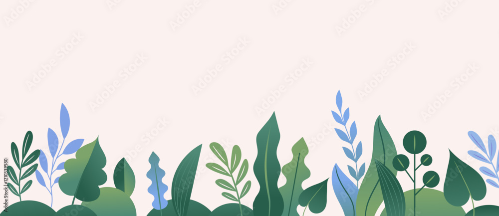 Botanical illustration, background in flat style with copy space for text -banner with plants and leaves for greeting cards, posters, banners and prints