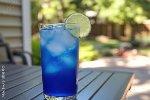 A refreshing butterfly pea flower iced tea with a slice of lime, served in a tall glass on a sunlit patio photo