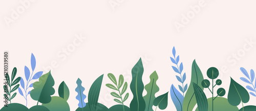 Botanical illustration, background in flat style with copy space for text -banner with plants and leaves for greeting cards, posters, banners and prints