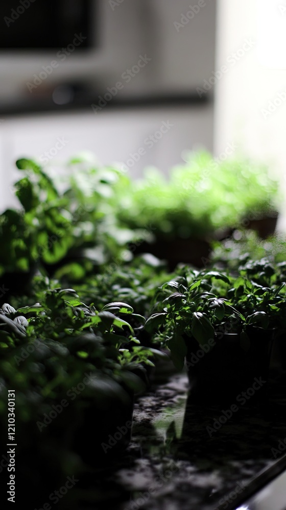 Fototapeta premium Indoor herb garden, kitchen counter, growing plants, homegrown food, healthy lifestyle