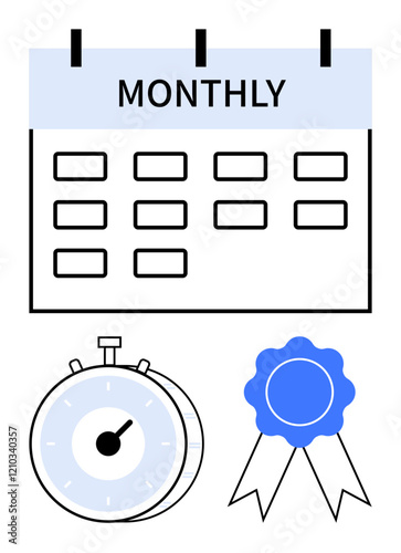 Calendar labeled Monthly, stopwatch, and award ribbon emphasize planning, deadlines, and success. Ideal for productivity, scheduling, goal setting, achievements organization performance abstract