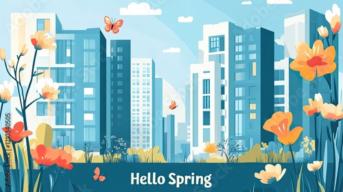Minimal and cheerful "Hello Spring" text vector with blooming flowers and butterfly accents, perfect for seasonal holiday design.