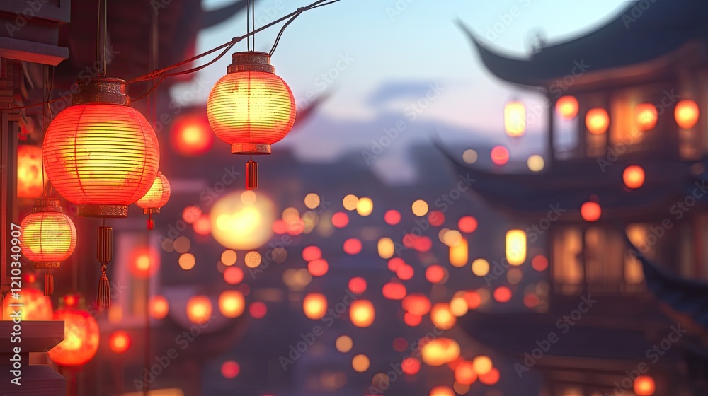 Glowing Chinese Lanterns Illuminate Festive Night Scene Glowing Chinese Lanterns Illuminate Festive Night Scene