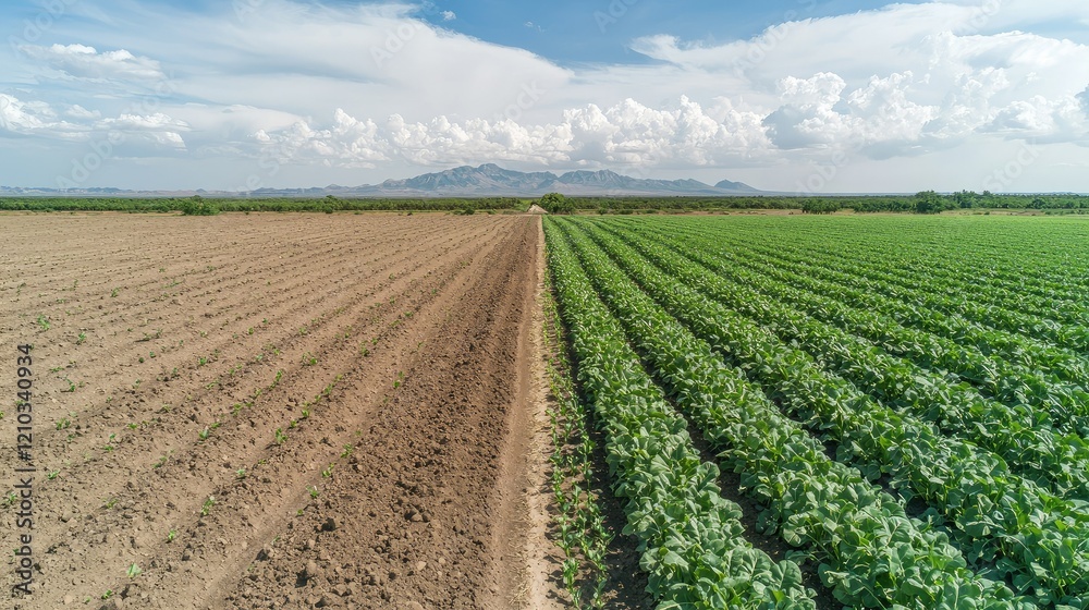 A split landscape showing lush green crops on one side and barren soil on the other, under a bright sky with mountains in the background. A split landscape showing lush green crops on one side and barren soil on the other, under a bright sky with mountains in the background.