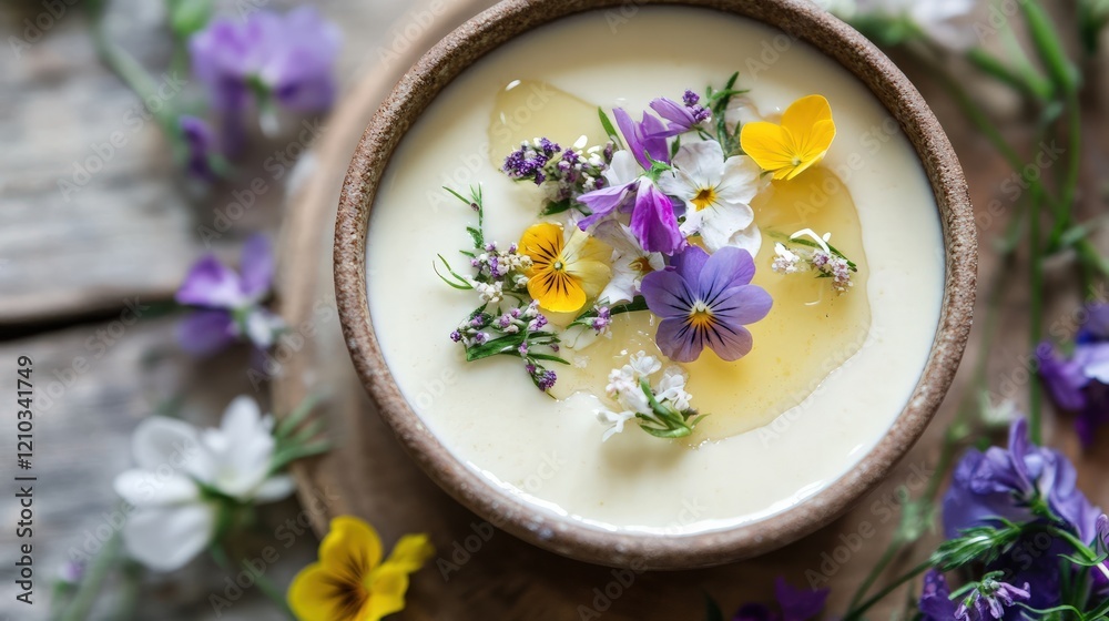 A vegan panna cotta infused with jasmine flowers, garnished with a drizzle of honey and fresh edible flowers A vegan panna cotta infused with jasmine flowers, garnished with a drizzle of honey and fresh edible flowers