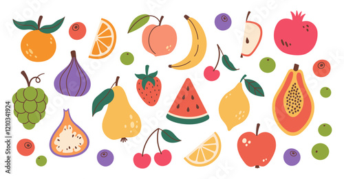 Set of different fruits and berries. Collection of organic vitamins and healthy nutrition. Isolated Watermelon, banana, peach, apple, cherry, pear, grapes, lemon. Flat design, doodle style. Vector