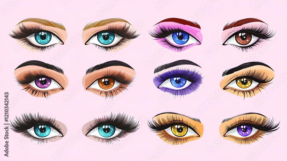 Naklejka premium beautiful female eyes with long black eyelashes and eyebrows. colorful eye makeup on white background v2. generated image : Generative AI
