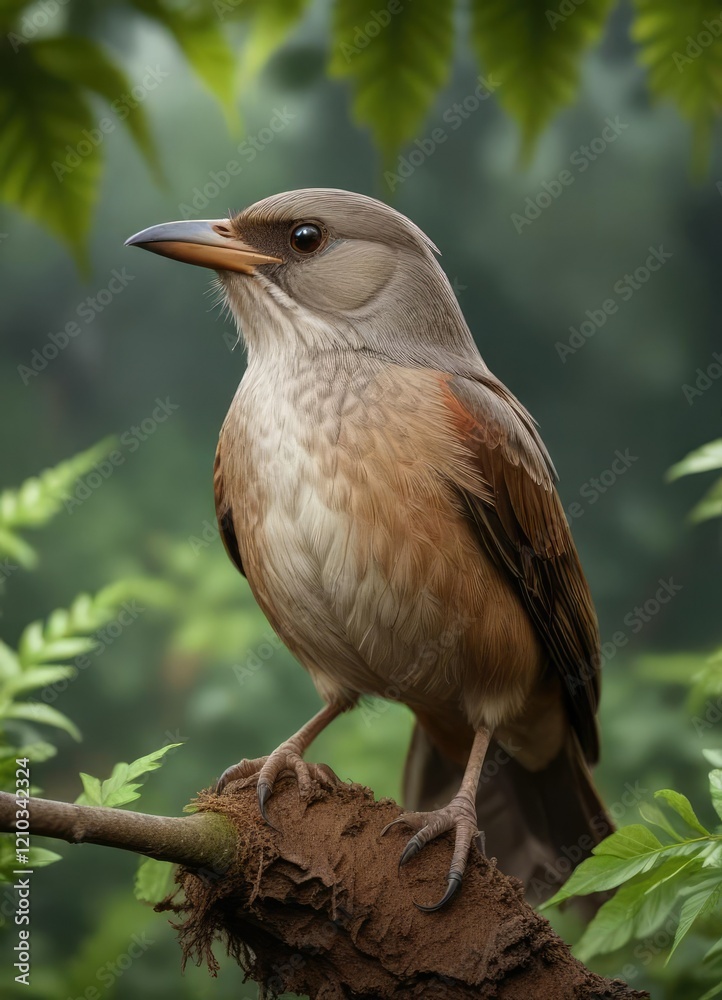 Babbler perched on a leaf with beak pointed down, beak pointed down, bird foraging, babbler Babbler perched on a leaf with beak pointed down, beak pointed down, bird foraging, babbler