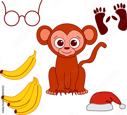 Cute monkey character with accessories set bananas, glasses, footprint, santa hat. Graphic line vector illustration isolated on transparent background