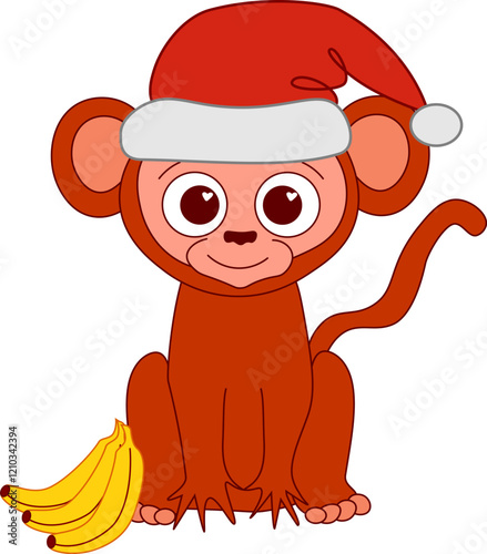 A Christmas monkey animal with bananas graphic line vector cartoon character in a Santa hat composition. china new year 2028 mascot