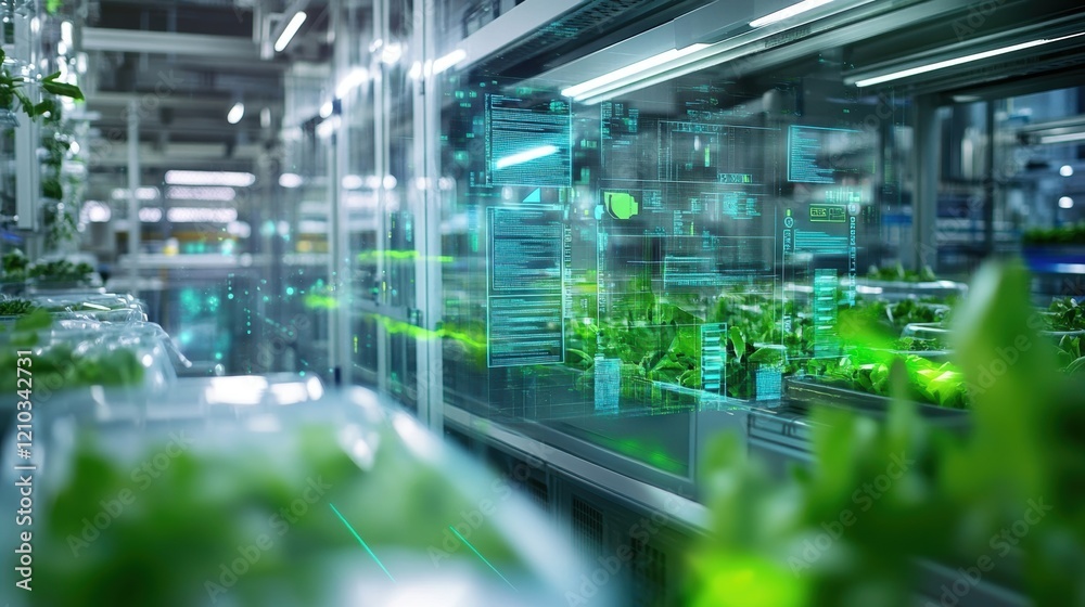 Inside a vertical farm, a sophisticated monitoring system analyzes data and displays holographic projections, optimizing plant growth and resource management in a controlled environment Inside a vertical farm, a sophisticated monitoring system analyzes data and displays holographic projections, optimizing plant growth and resource management in a controlled environment
