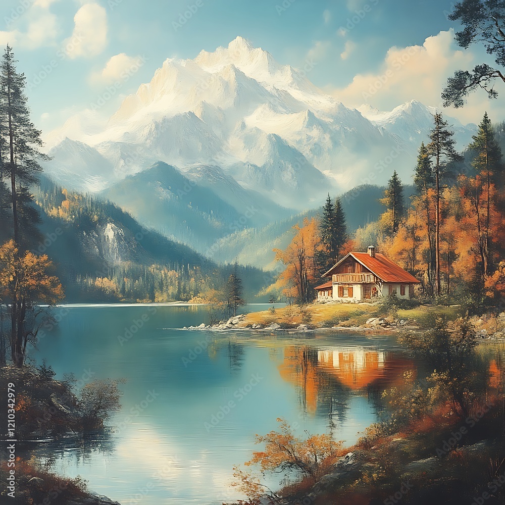 Fototapeta premium Alpine lake house autumn scenery.