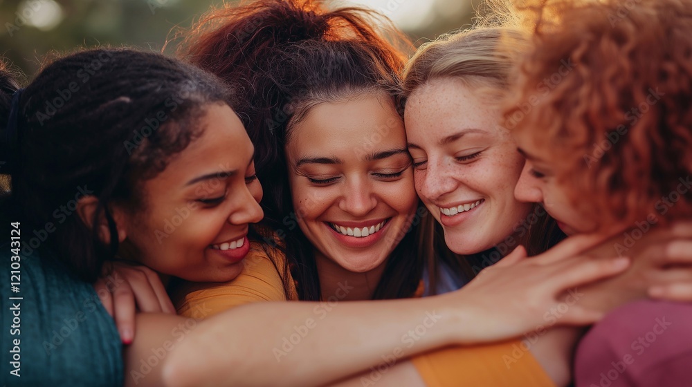 Obraz premium Scenes of solidarity showcasing women supporting each other, smiling and engaged in uplifting conversations, empowerment, friendship, and unity, perfect for themes of togetherness and Women's Day