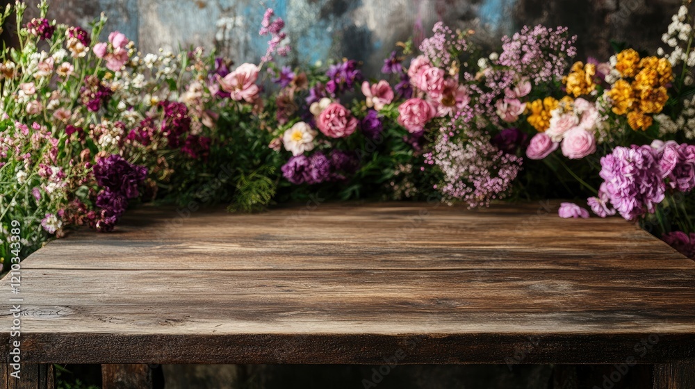 Fototapeta premium Rustic wooden table against a softly blurred backdrop of colorful spring blooms, creating a serene product display setting.