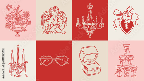Love and wedding sketch style illustration set. 