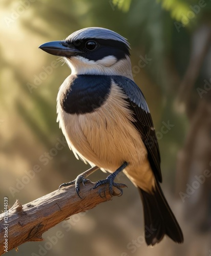 Bar winged flycatcher shrike's feathers in sunlight, photogenic, iridescent, feathers photo