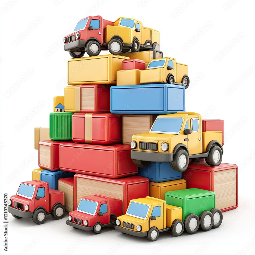 Toy trucks deliver colorful gifts; white background; kids' play Toy trucks deliver colorful gifts; white background; kids' play