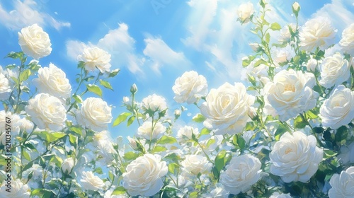 Stunning white bush roses swaying gently in the breeze, set against a clear blue sky with bright spring sunlight. photo