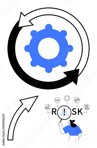 Blue gear inside circular arrows, person examining risk with magnifier and icons above. Ideal for risk management, problem-solving, system optimization, strategy, evaluation, decision-making