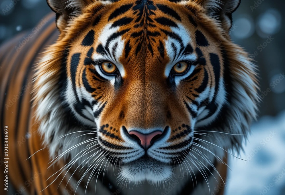 Naklejka premium Portrait of a tiger in a winter setting, its orange fur contrasting with the snow.