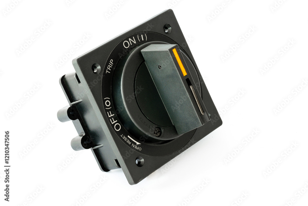 Fototapeta premium Power switch designed for industrial use located on a control panel in a manufacturing factory