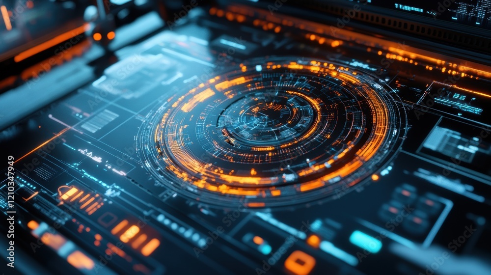 Orange and blue futuristic head up display - hud - featuring a rotating circular user interface, surrounded by visualized data elements that enhance digital communication and analysis Orange and blue futuristic head up display - hud - featuring a rotating circular user interface, surrounded by visualized data elements that enhance digital communication and analysis