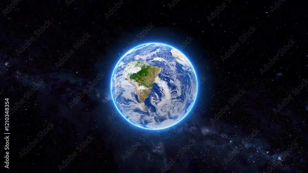 Earth planet glowing horizontal in space 3d rotating animated video Earth planet glowing horizontal in space 3d rotating animated video