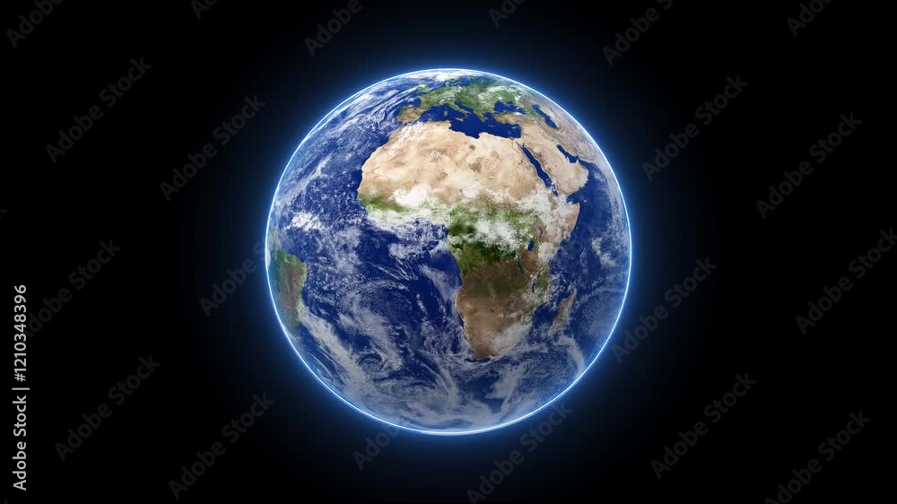 Glowing planet earth horizontal in space 3d realistic planet rotating animated video Glowing planet earth horizontal in space 3d realistic planet rotating animated video