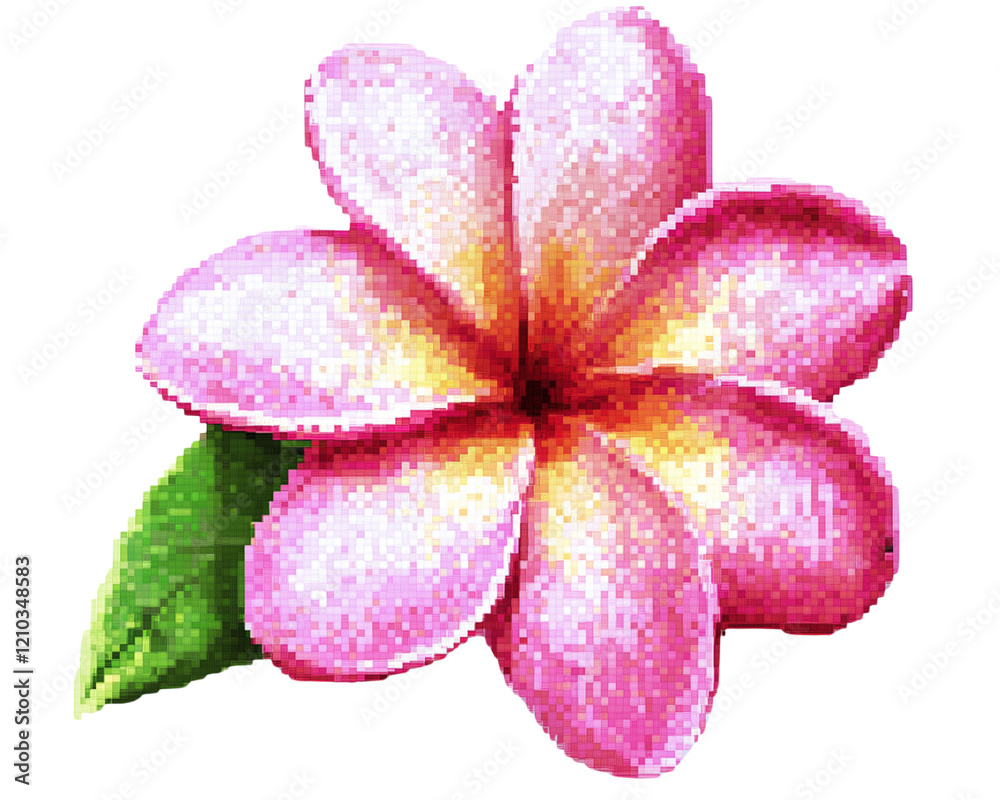 Isolated on white pixel art of a vibrant Plumeria (Leelawadee) flower in a summer theme, featuring pink petals with soft yellow centers and bright green leaves Isolated on white pixel art of a vibrant Plumeria (Leelawadee) flower in a summer theme, featuring pink petals with soft yellow centers and bright green leaves