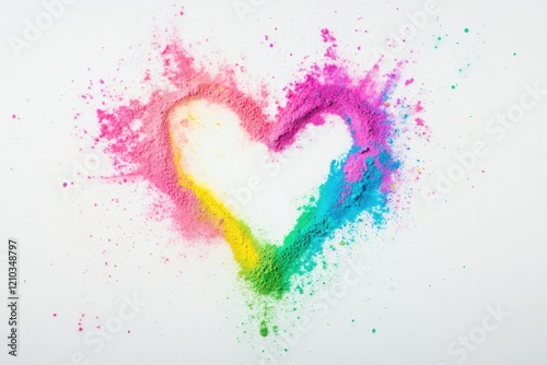 Vibrant Heart Shaped Holi Powder Explosion in Rainbow Colors on White Background photo